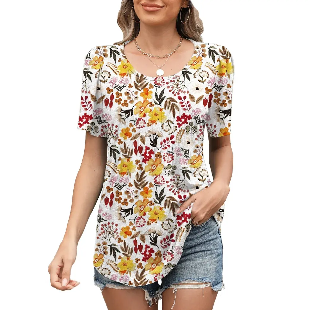 Spring Summer New Loose round Neck Pleated Floral Print Short Sleeve Women's Top Silk Material Crew Neck T-shirt Female Fashion