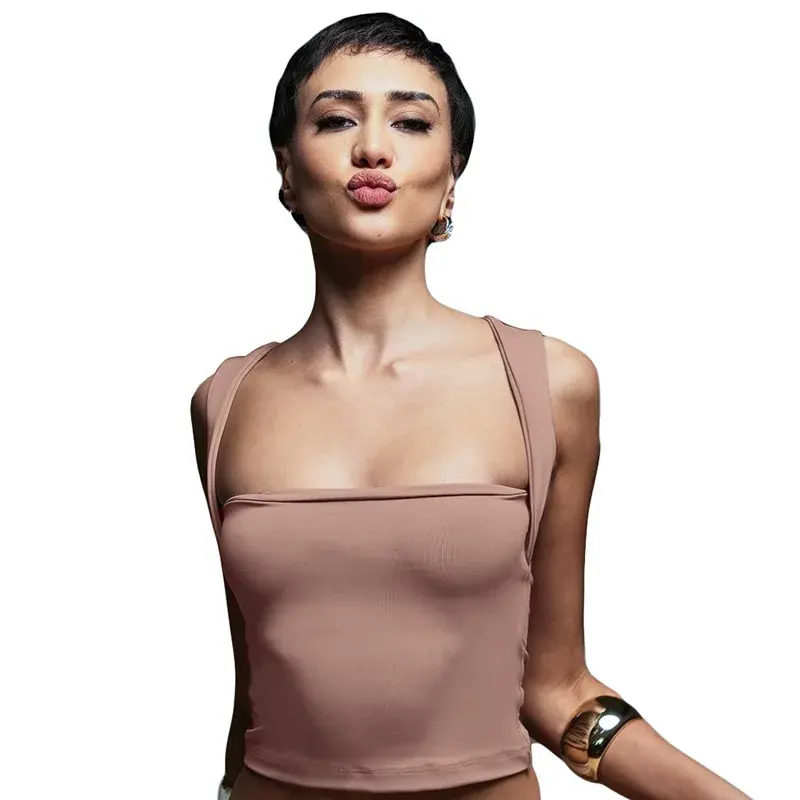 Summer New Style Women's Pure Color Pleated Sleeveless T-Shirt Vest Two-Sided Wear Q25TP115 Fashion Short Top