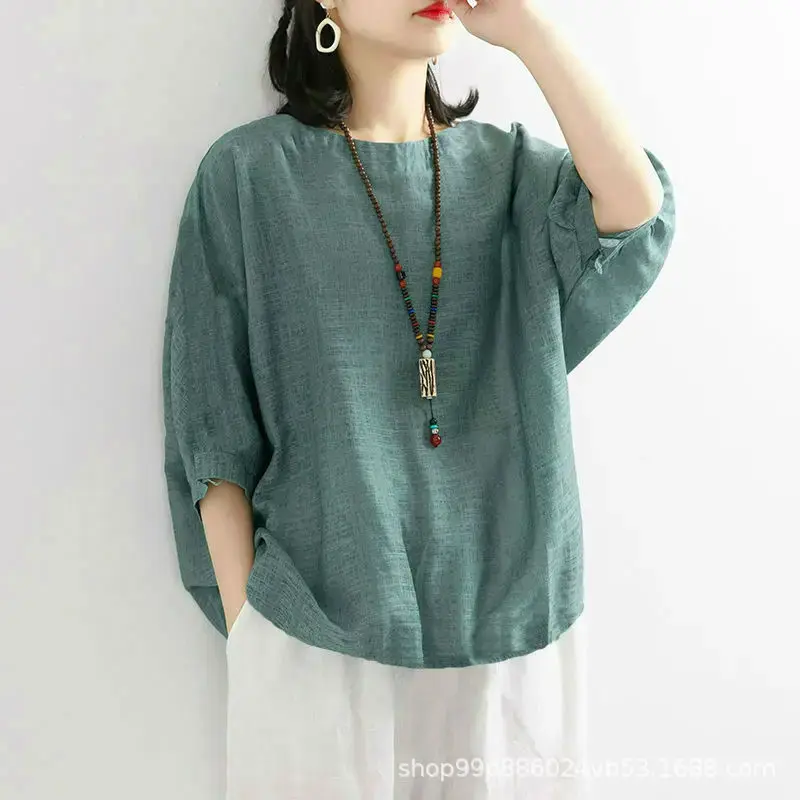 2024 Spring Summer New Women's Clothing Vintage Artistic Cotton Linen T-Shirt Loose Fit Bat Wing Short Sleeves Base Layer Top