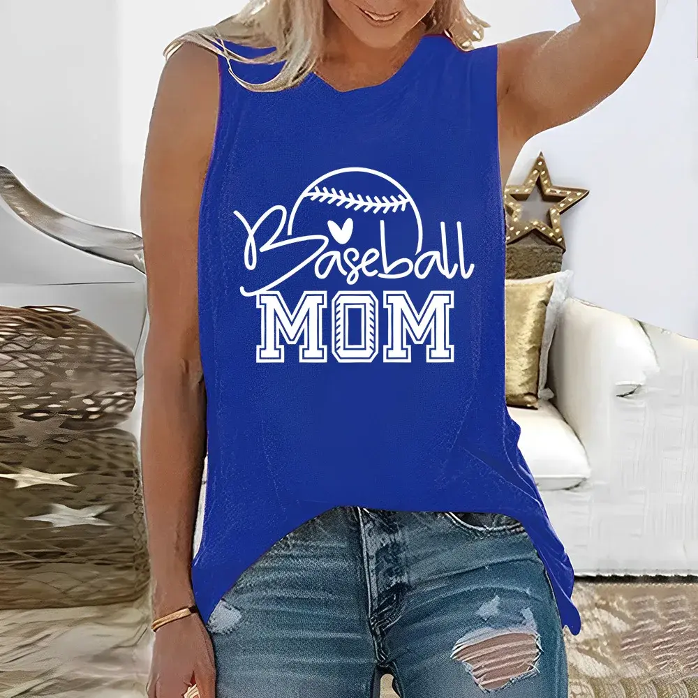 New Arrival Loose-Fit Casual Baseball Mom Printed Round Neck Sleeveless Women's T-Shirt Cotton Crew Neck Fun Decoration