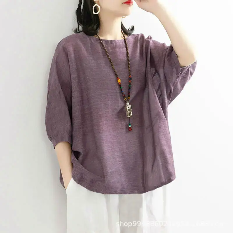 2024 Spring Summer New Women's Clothing Vintage Artistic Cotton Linen T-Shirt Loose Fit Bat Wing Short Sleeves Base Layer Top
