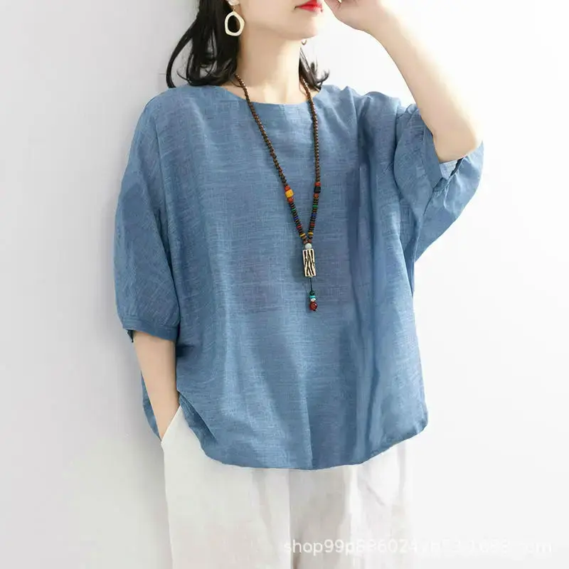 2024 Spring Summer New Women's Clothing Vintage Artistic Cotton Linen T-Shirt Loose Fit Bat Wing Short Sleeves Base Layer Top
