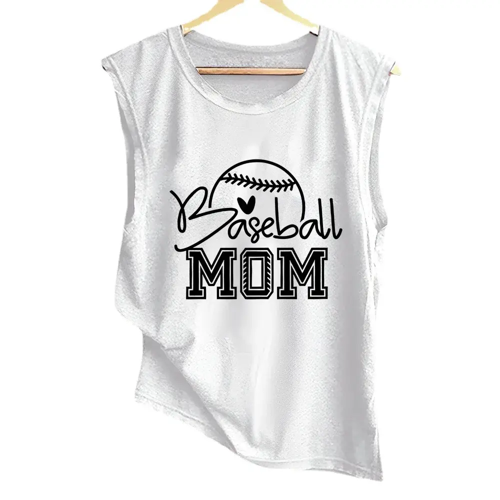 New Arrival Loose-Fit Casual Baseball Mom Printed Round Neck Sleeveless Women's T-Shirt Cotton Crew Neck Fun Decoration