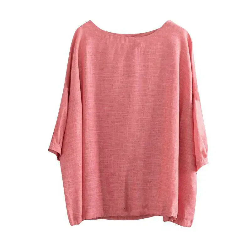 2024 Spring Summer New Women's Clothing Vintage Artistic Cotton Linen T-Shirt Loose Fit Bat Wing Short Sleeves Base Layer Top