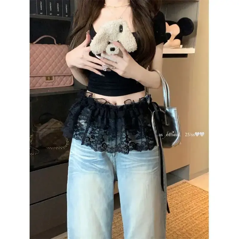 White Lace Underwear Skirt Half-length Women's Style Base Layer Cake Style Denim Pants Overlap Summer Skirt Cover