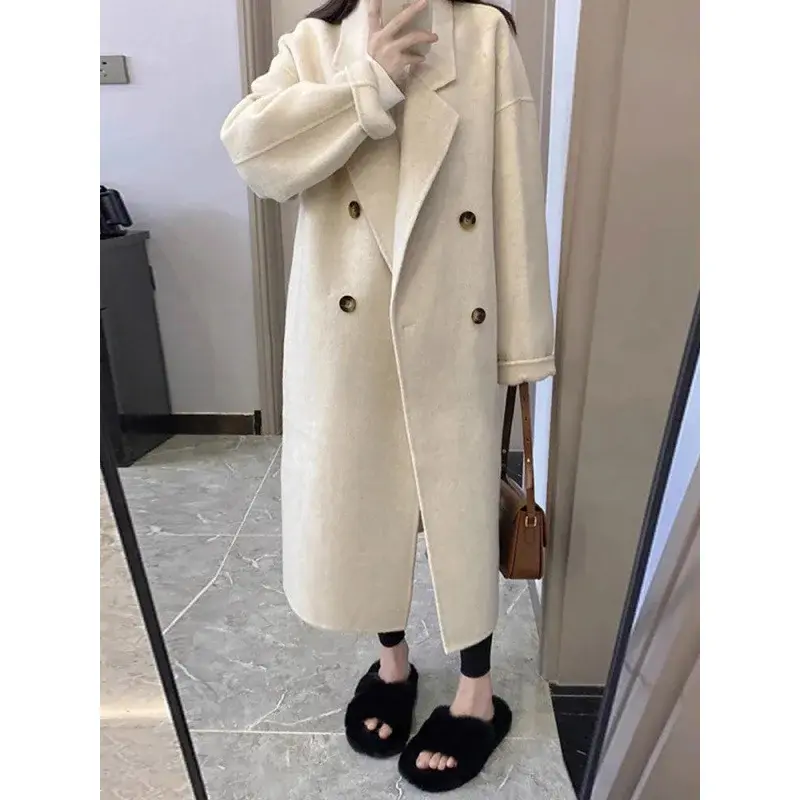 White Woolen Jacket For Women 2024 New Style Petite Korean Version Overcoat Explosion Model V-Neck Regular Type China Origin