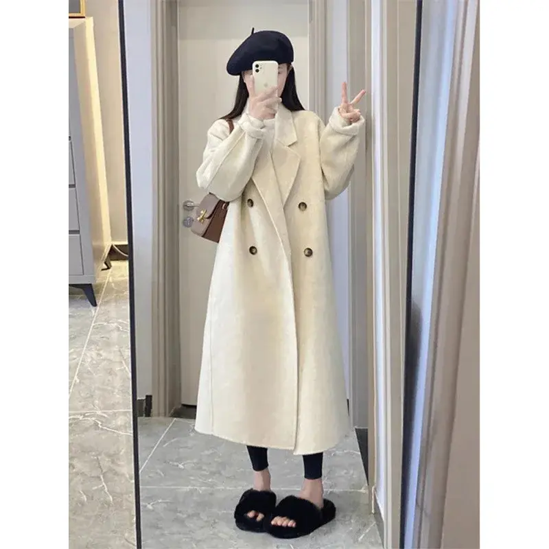 White Woolen Jacket For Women 2024 New Style Petite Korean Version Overcoat Explosion Model V-Neck Regular Type China Origin