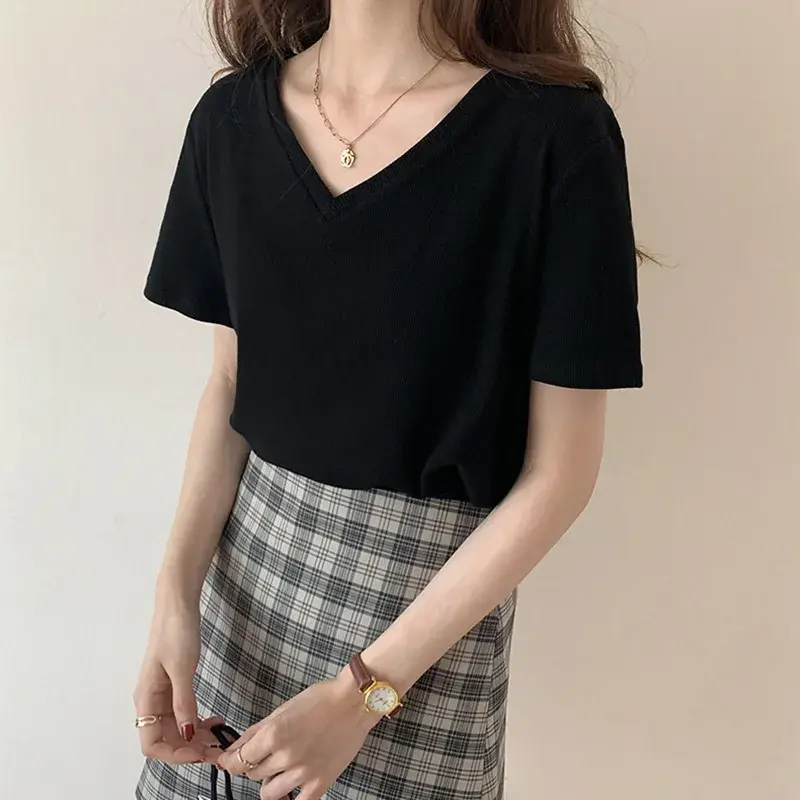 Loose Short Sleeve V-Neck T-Shirt Women's Grey Base Shirt Design Sense Versatile Trendy Korean Style Polyester Fiber