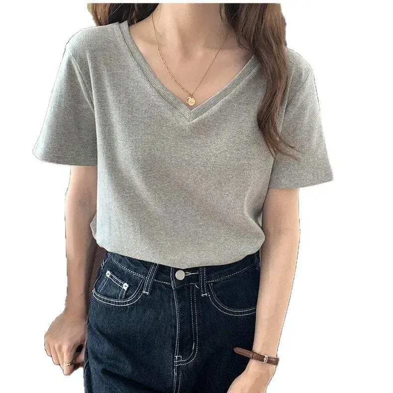 Loose Short Sleeve V-Neck T-Shirt Women's Grey Base Shirt Design Sense Versatile Trendy Korean Style Polyester Fiber