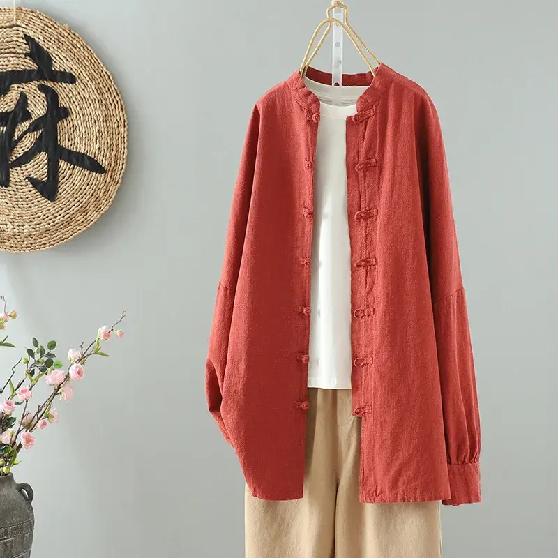 Spring New Retro Chinese Design Cotton Linen Long Sleeve Women's Shirt Button Tea Costume Elegant Fashionable Business Casual