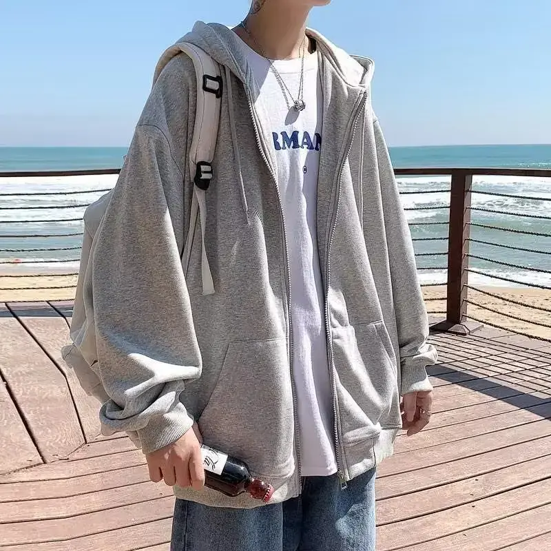 Men's Loose-Fit Cardigan Sweatshirt Autumn Korean Style Versatile Casual Hooded Top Student Sports Jacket