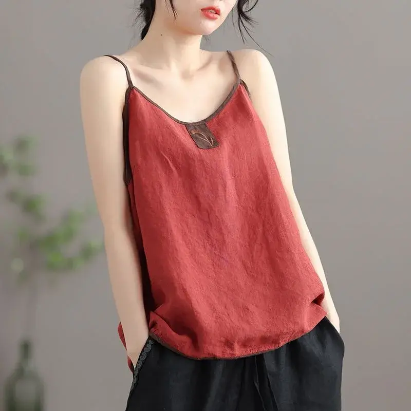 New Summer Hot Sale Of The Season Women's Embroidered Cotton Linen Vest Thin Sleeveless Base Tank Top Two-Piece Set Outerwear Ba