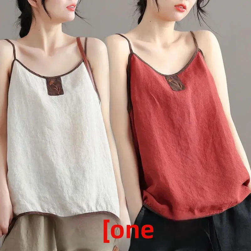 New Summer Hot Sale Of The Season Women's Embroidered Cotton Linen Vest Thin Sleeveless Base Tank Top Two-Piece Set Outerwear Ba