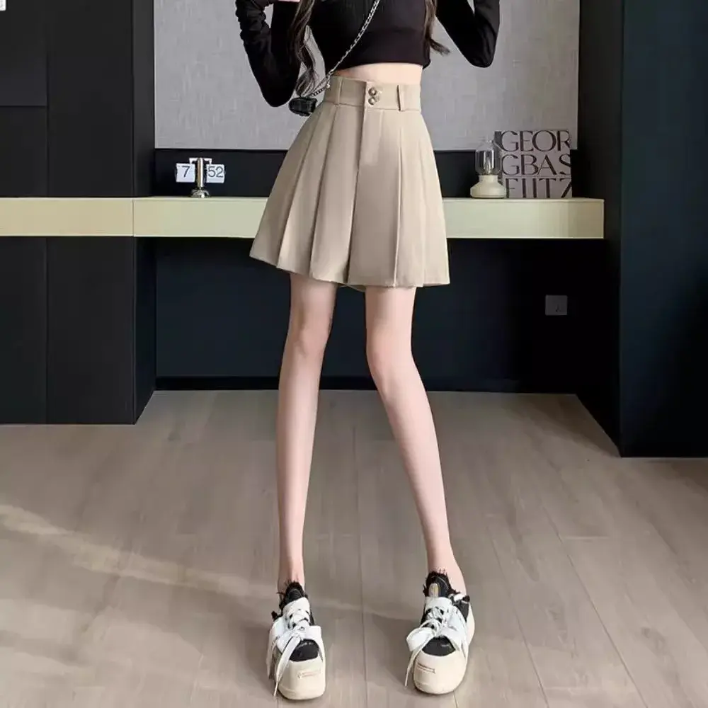 High-Waisted Shorts Women's Petite A- Line Black Wide-Leg Pants Korean Style Fall 2024 Plaid Pants