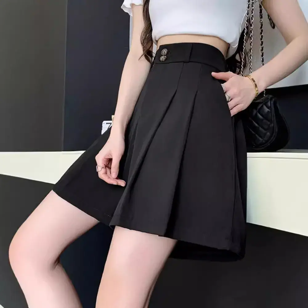 High-Waisted Shorts Women's Petite A- Line Black Wide-Leg Pants Korean Style Fall 2024 Plaid Pants