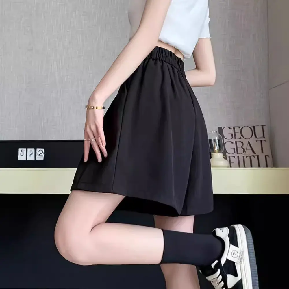 High-Waisted Shorts Women's Petite A- Line Black Wide-Leg Pants Korean Style Fall 2024 Plaid Pants