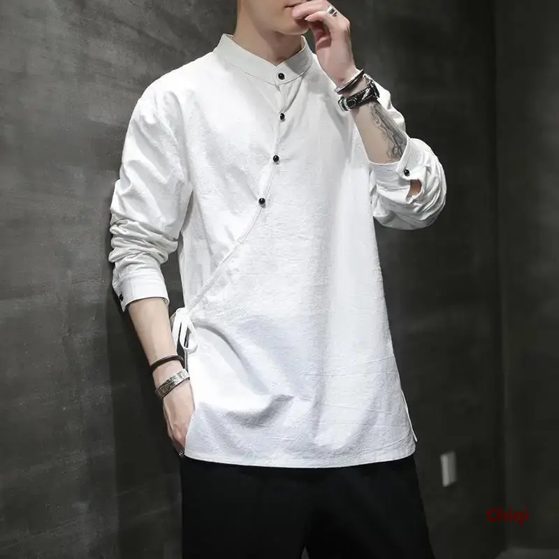 Chinese Style Linen Cotton Long Sleeve T-shirt Underwear Top Tea Ceremony Zen Meditation Monk's Clothes Hanfu Men's Tang Suit