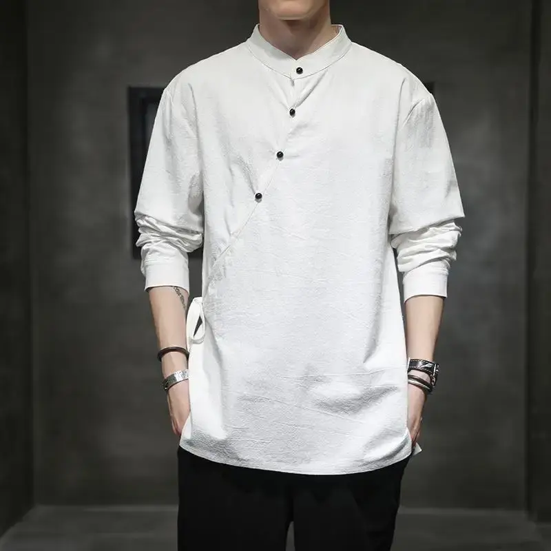 Chinese Style Linen Cotton Long Sleeve T-shirt Underwear Top Tea Ceremony Zen Meditation Monk's Clothes Hanfu Men's Tang Suit