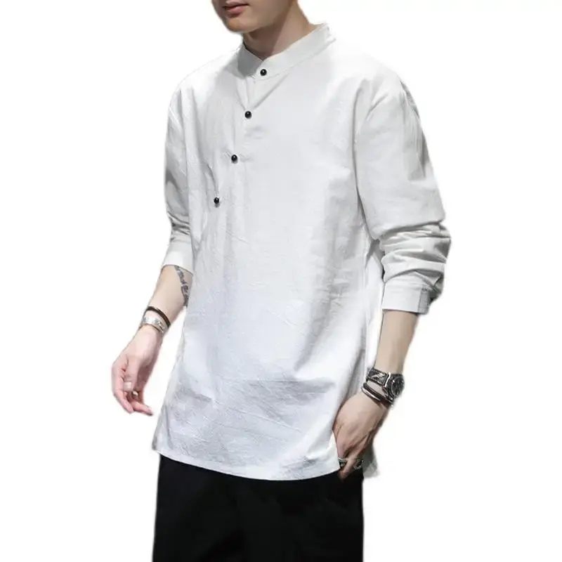 Chinese Style Linen Cotton Long Sleeve T-shirt Underwear Top Tea Ceremony Zen Meditation Monk's Clothes Hanfu Men's Tang Suit