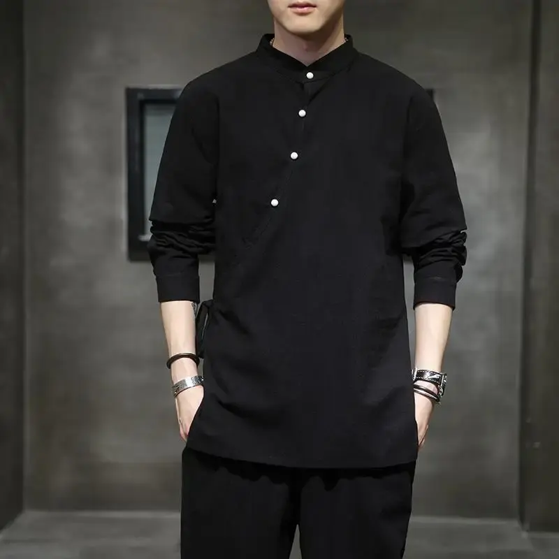Chinese Style Linen Cotton Long Sleeve T-shirt Underwear Top Tea Ceremony Zen Meditation Monk's Clothes Hanfu Men's Tang Suit