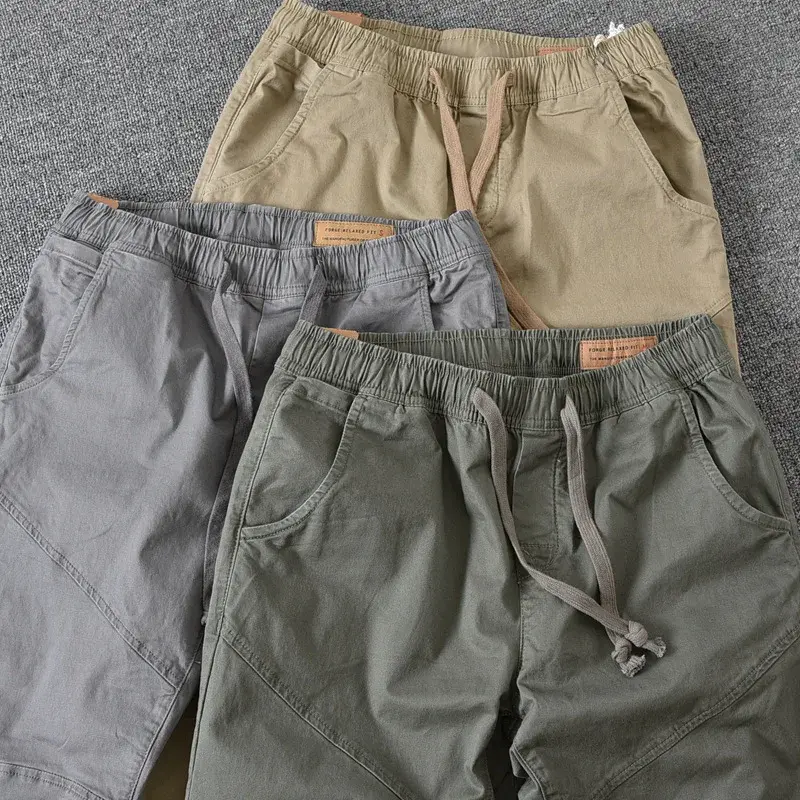 Japanese Vintage Casual Cargo Pants Men's Black Loose-fit Straight-leg Sports 9/4 Drawstring Ankle Pants Men Summer