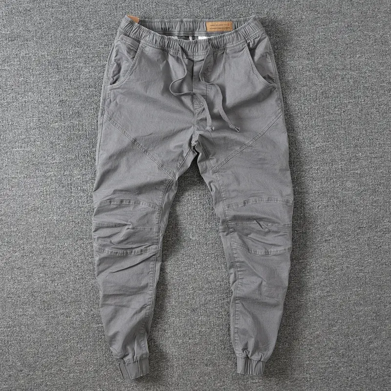 Japanese Vintage Casual Cargo Pants Men's Black Loose-fit Straight-leg Sports 9/4 Drawstring Ankle Pants Men Summer