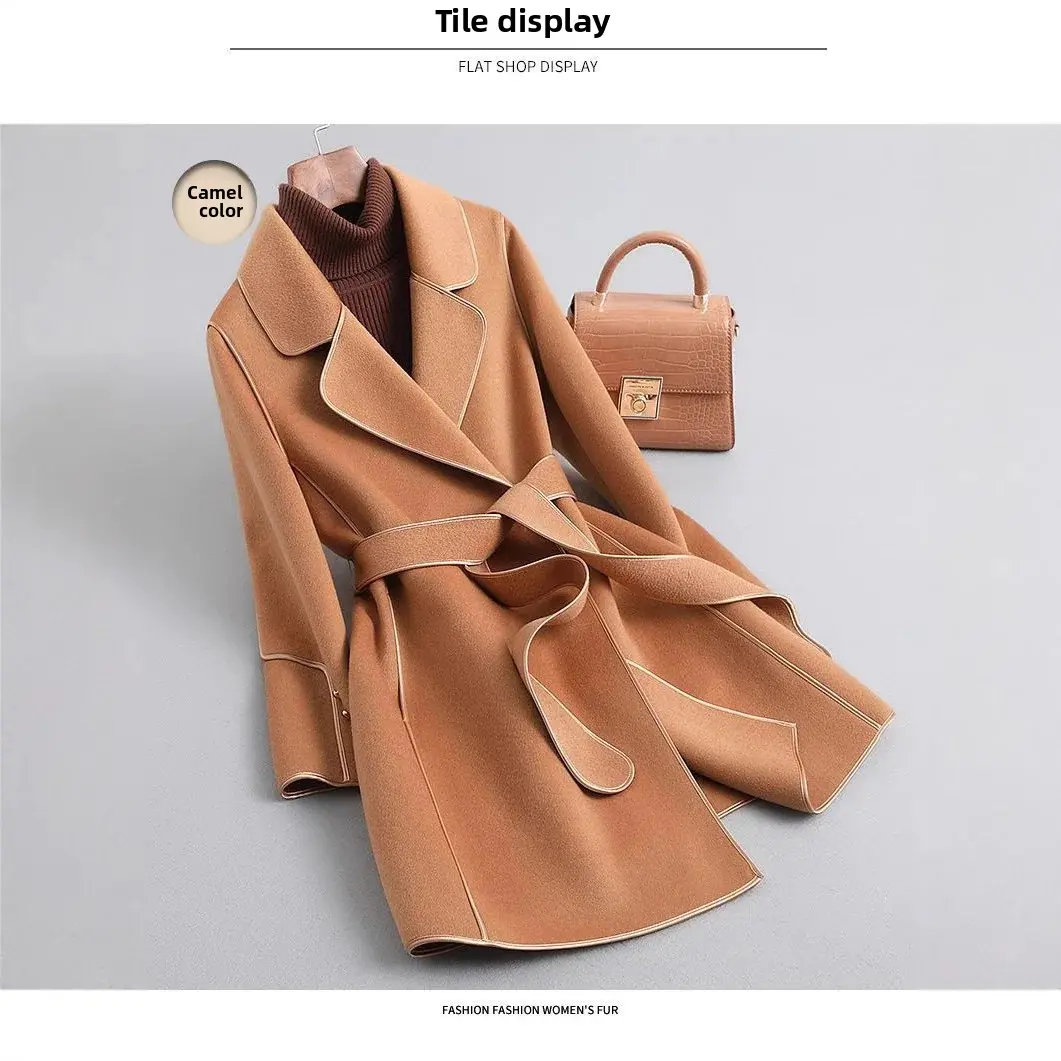 Korean Style Double Woolen Coat Women's Autumn Winter New Fashion Youthful Medium Length Trendy Women's Coat Polyester Fiber