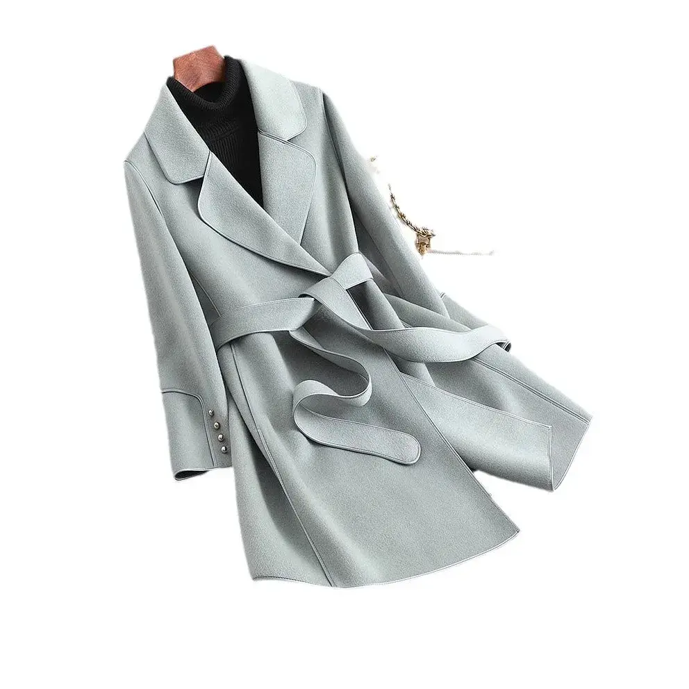Korean Style Double Woolen Coat Women's Autumn Winter New Fashion Youthful Medium Length Trendy Women's Coat Polyester Fiber