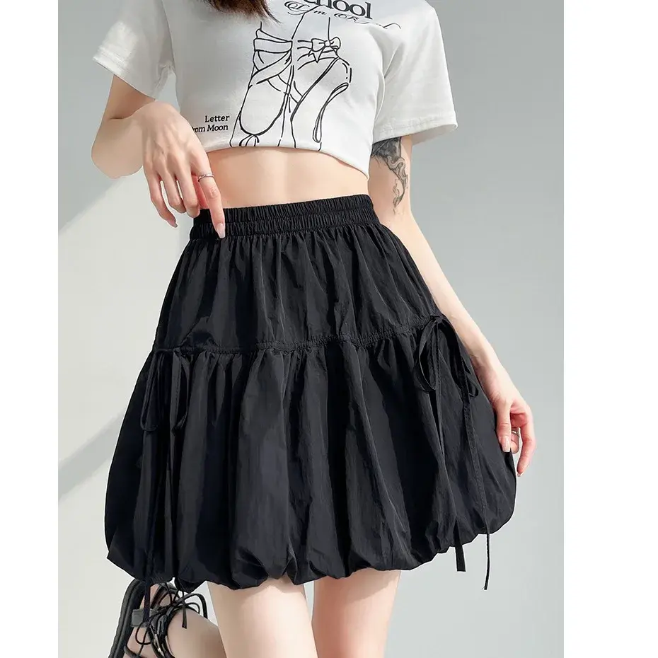 High Waist Grey Puffy Flower Bud Short Skirt Women's Summer A- Line Half Skirt Pants Skirt Style None( AE Stock) China Origin