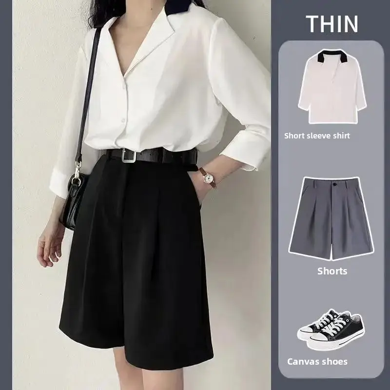 Women's Suit Shorts High Waist Straight Loose Thin Summer Spring Hong Kong Style A- Line Casual Pants Five-Quarter Length