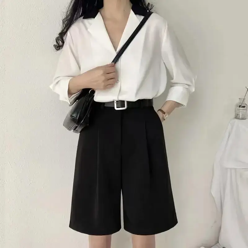 Women's Suit Shorts High Waist Straight Loose Thin Summer Spring Hong Kong Style A- Line Casual Pants Five-Quarter Length