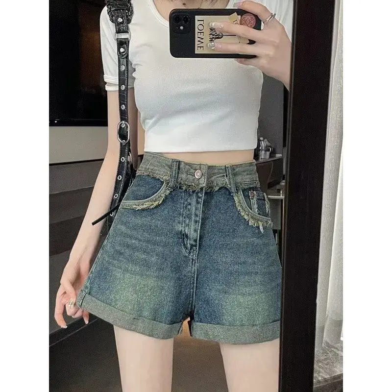High Waist A- Line Denim Shorts Women's Summer Thin New Color Block Frayed Slimming Wide Leg Hot Pants Lightweight Casual Shorts