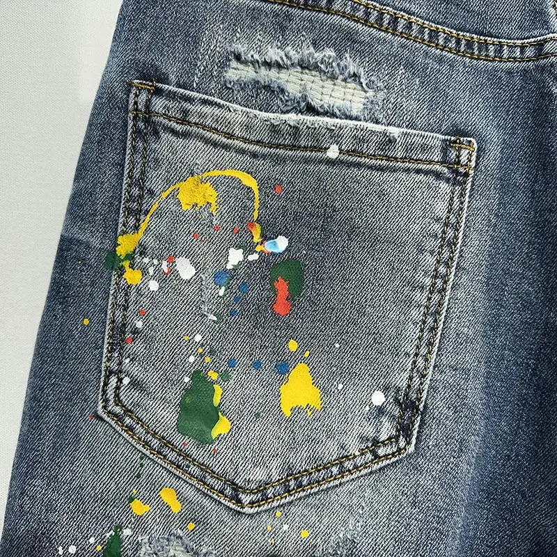 Trendy Denim Shorts For Men Summer Style Washed Blue Hole Punk American Style Slim Fit Graffiti Painted Mid Waist Pants