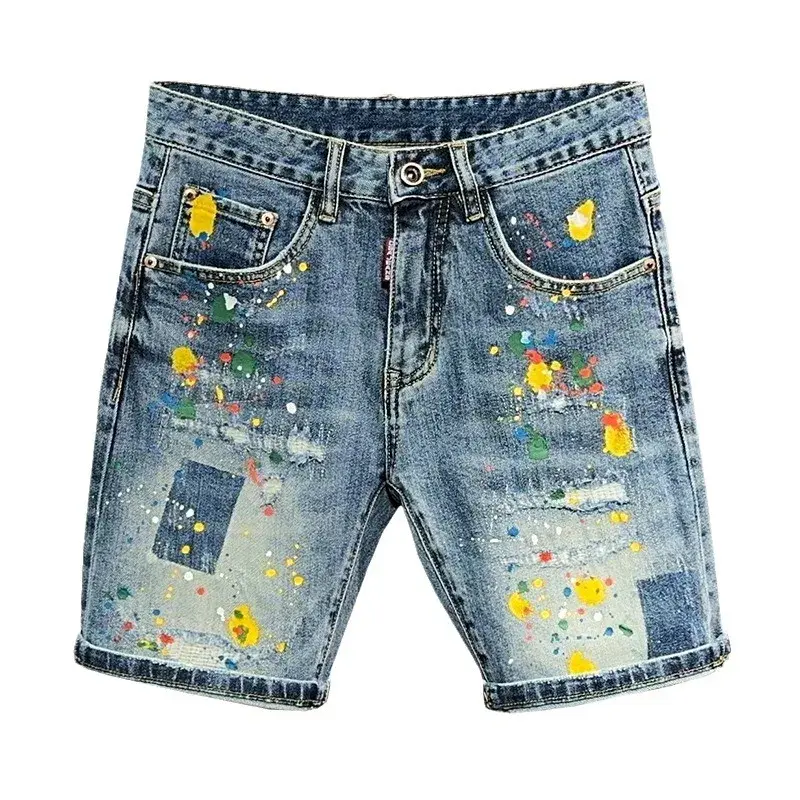 Trendy Denim Shorts For Men Summer Style Washed Blue Hole Punk American Style Slim Fit Graffiti Painted Mid Waist Pants