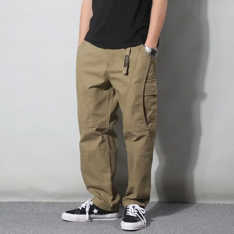 Japanese Style SimpleVintageTrendy Men's Multi-Pocket Cargo Pants Loose Fit Straight Leg Casual Trousers For Spring And Autumn