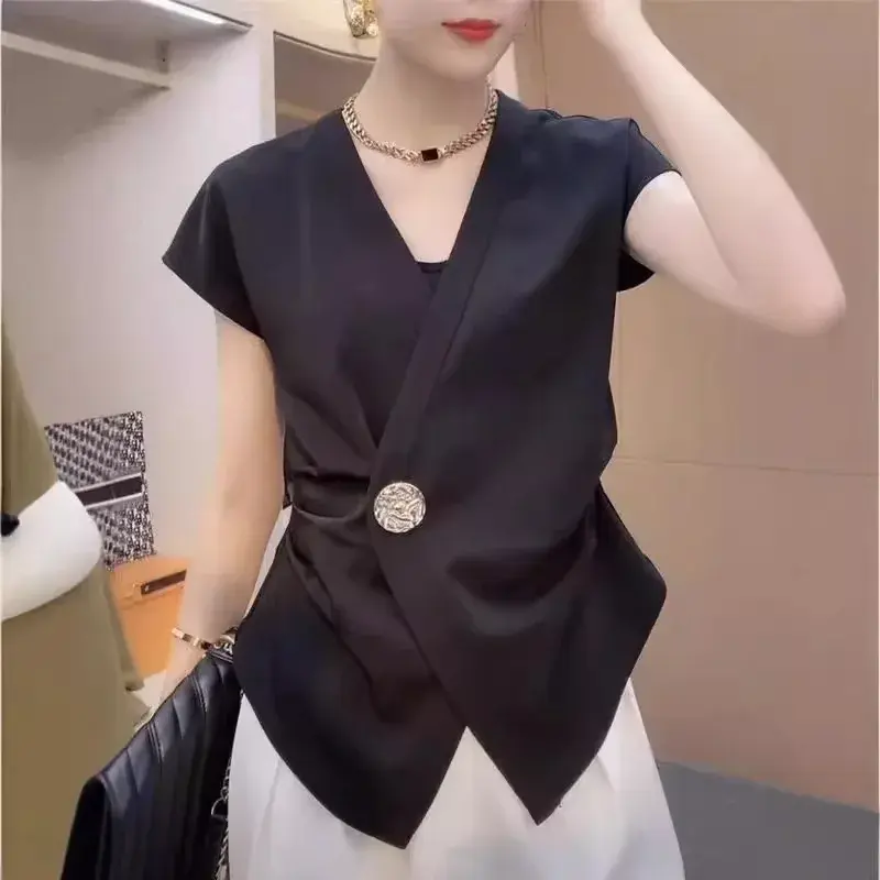 Slim Fit Short Sleeve Shirt Women's V-neck T-shirt French Design Sensation Summer Fashion Top Quality Polyester Fiber