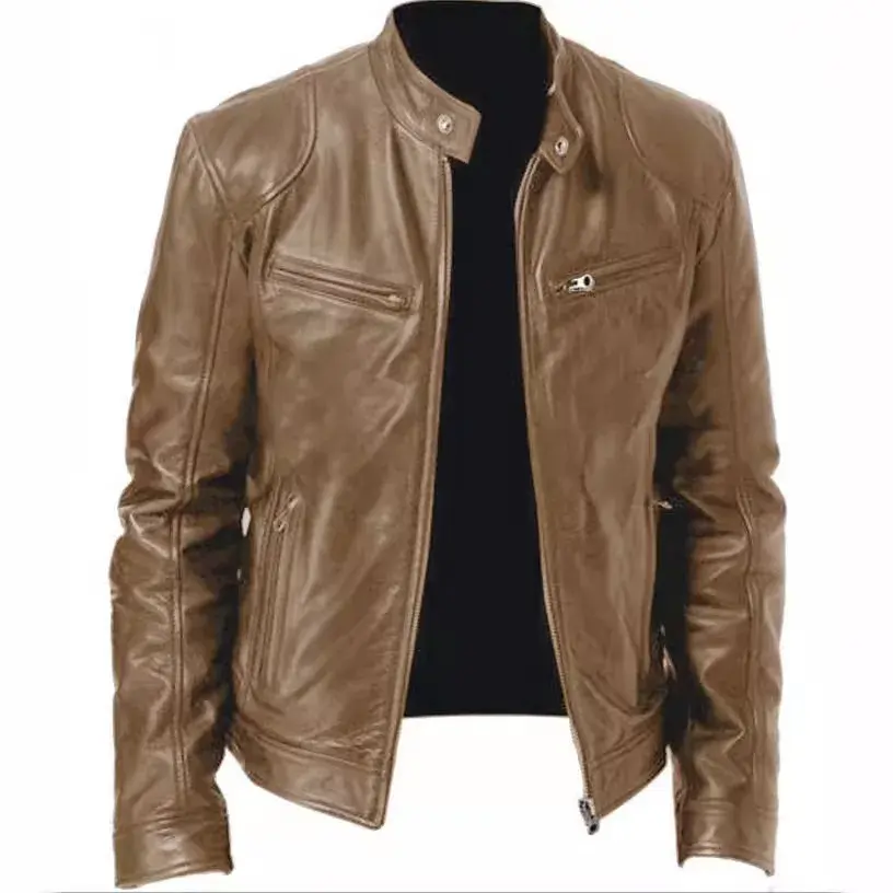 Southern Winter Warm Button Fashion Motorcycle Men's Multi-Pocket PU Jacket Stand Collar Zipper Open Cardigan Leather Jacket