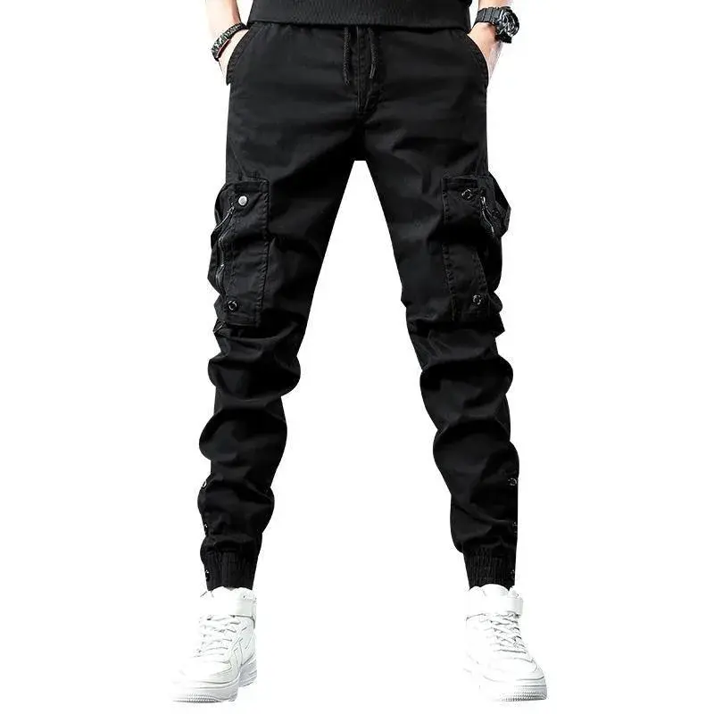 Trendy Men's Spring Autumn Cargo Pants Slim Fit Casual Style Loose Fit American Style Multiple Pocket Small Foot Pants Black
