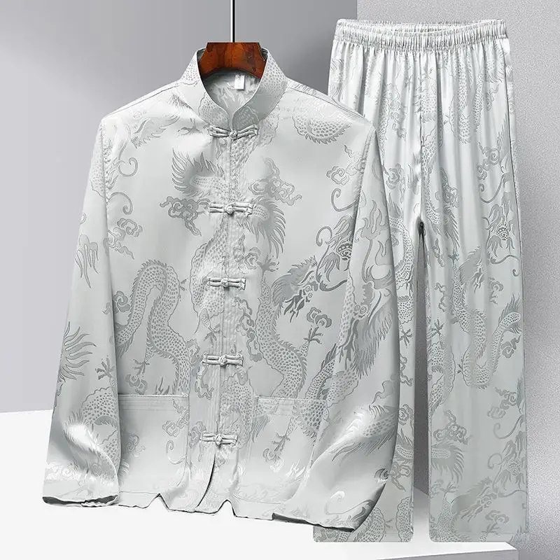 New Chinese Style Long Sleeve Tan Suit Men's Ice Silk Spring Summer Season Middle-Aged And Elderly People Hanfu Father Son Yin Y