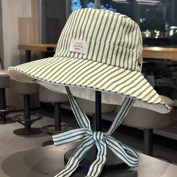 Korean Stripe Fisherman Hat Women Summer Large Brim UV Protection Strap Outdoor Camping Mountaineering Hat Fashionable Sunshade