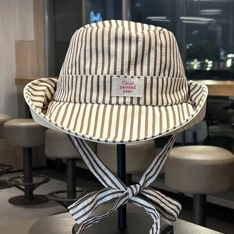 Korean Stripe Fisherman Hat Women Summer Large Brim UV Protection Strap Outdoor Camping Mountaineering Hat Fashionable Sunshade