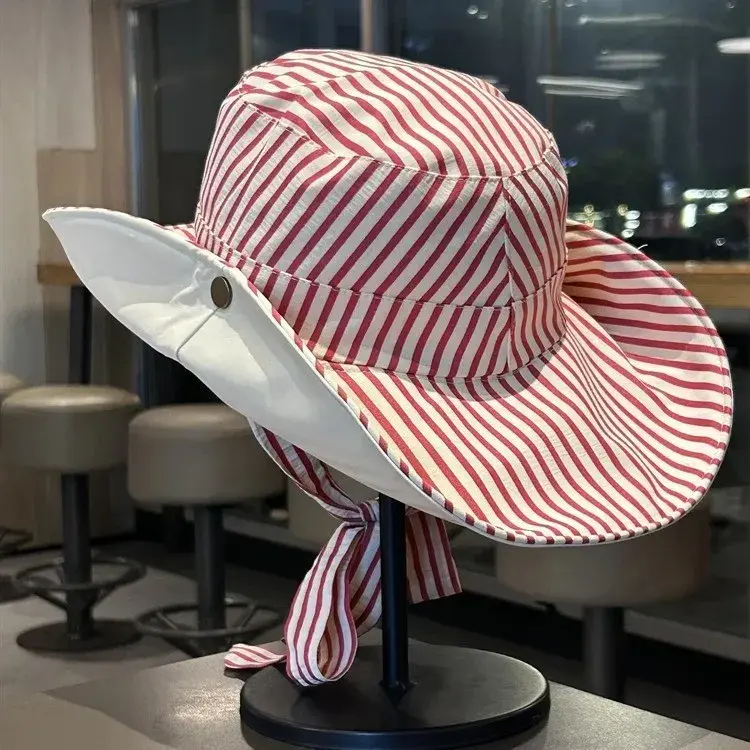 Korean Stripe Fisherman Hat Women Summer Large Brim UV Protection Strap Outdoor Camping Mountaineering Hat Fashionable Sunshade