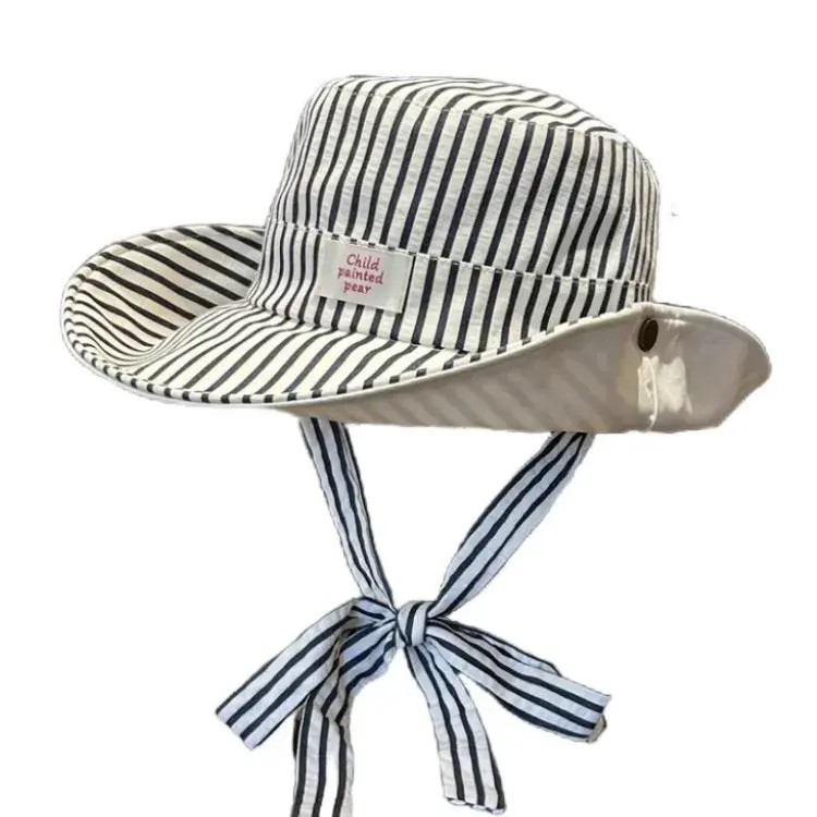 Korean Stripe Fisherman Hat Women Summer Large Brim UV Protection Strap Outdoor Camping Mountaineering Hat Fashionable Sunshade