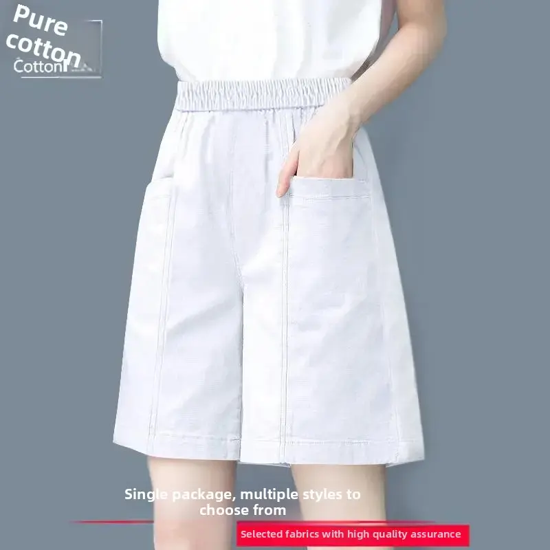 Summer New Cotton Casual Pure Color Mommy Pants High Waist Short Shorts Five-Point Pocket Slim Wide Leg Shorts for Women