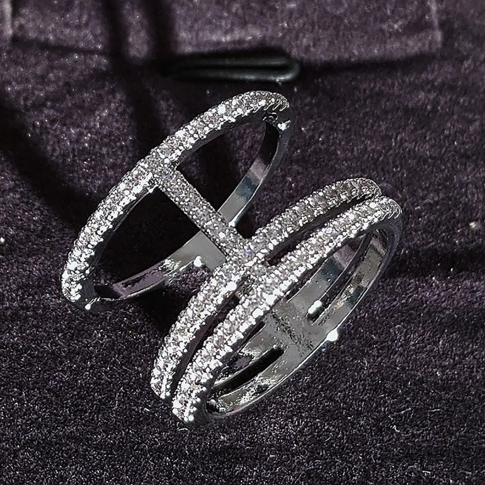 Creative Irregular Geometric Hollow Out Aaa Zirconia Ring For Women In Stock R4875