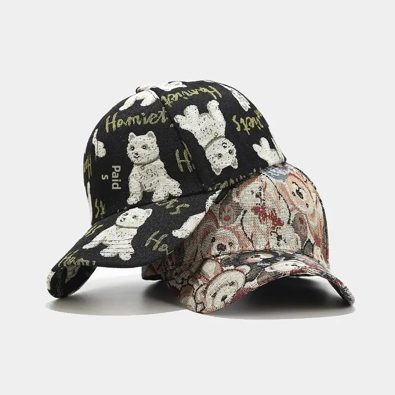 Retro British Style Baseball Cap Cute Cartoon Bear Dog Pattern Bowling Hat Spring Summer Autumn Sunshade Cap Flat Brim Hat