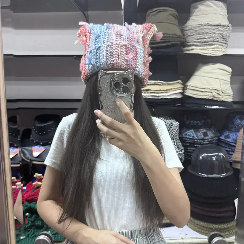 Hand Knitted Tassel Hat Women's Autumn Winter Warm Sweet Ear Knitwear Popular Cold Cap Colorful Yarn Floppy Hat Cute Style