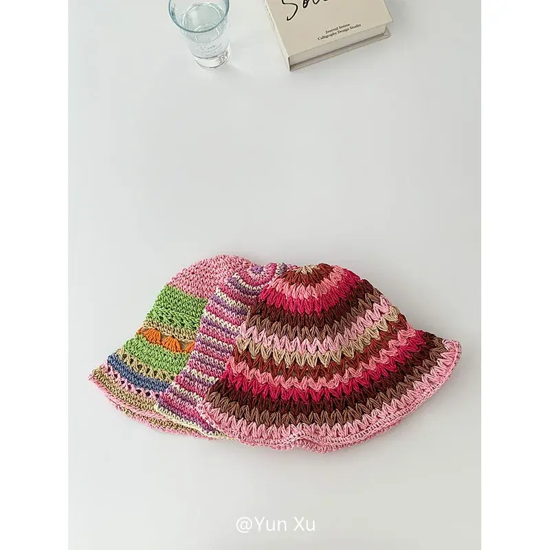 Foldable Large Brim Straw Weaving Fisherman Hat Women Summer Outing Sunshade Protection Hat Basin Hat Hollow out Design