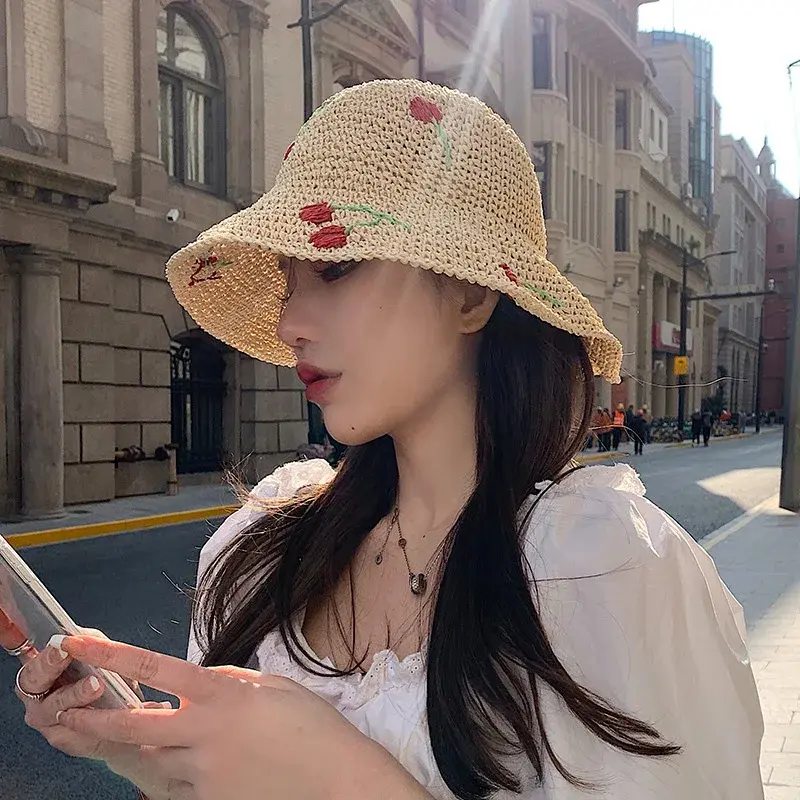 Women's Summer Sun Protection Hat Cherry Design Hollow out Large Brim Face Covering Beach Fishing Cap Lace Net Hat
