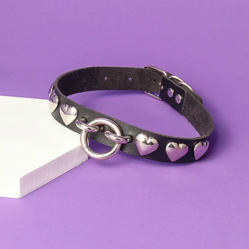 Cropped Studded Sharp Pointed Round PU Leather Necklace Sweet Punk Gothic Style Unique Heart Shaped Necklace For Men And Women